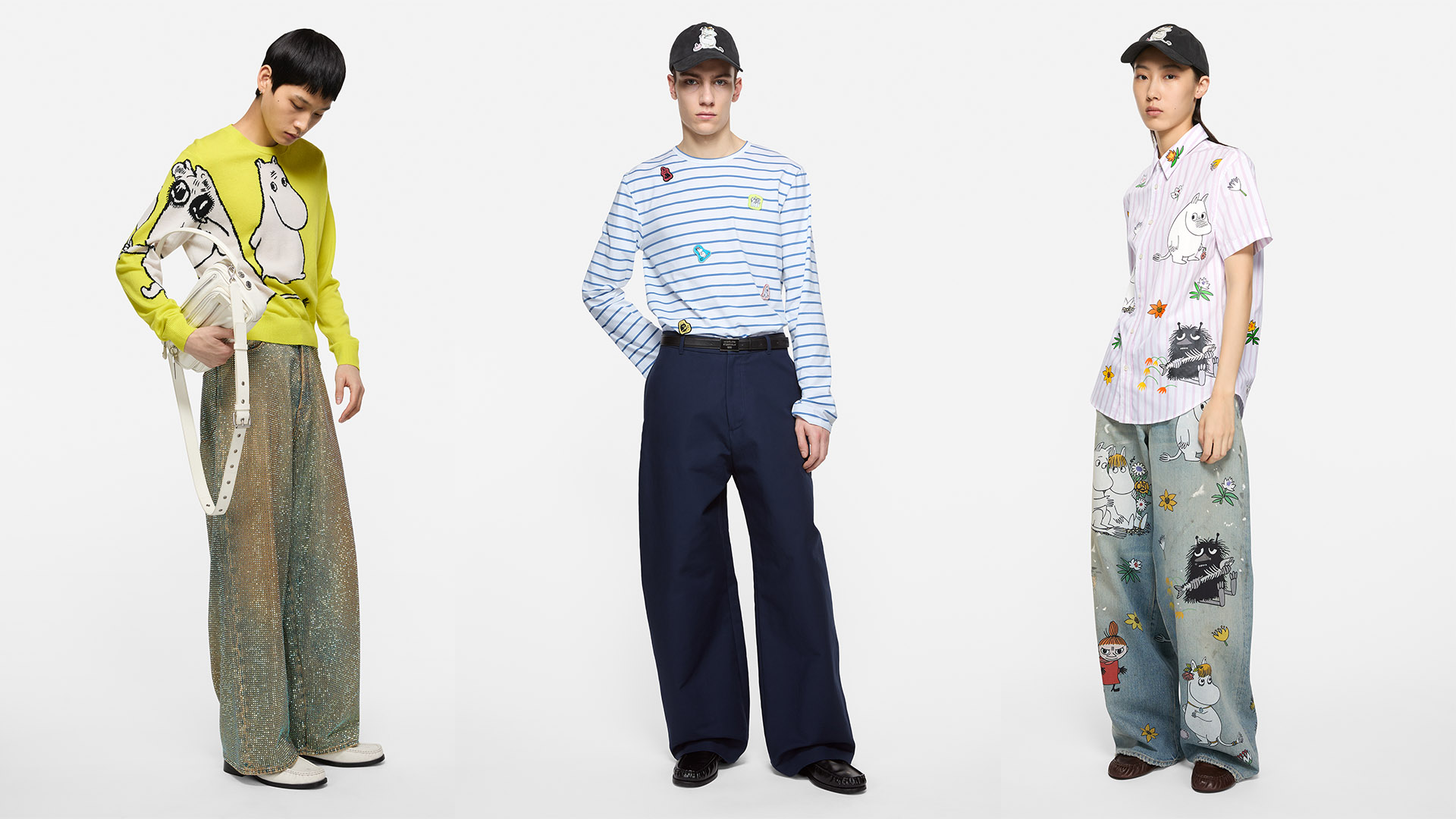 Three models in Acne Studios x Moomin