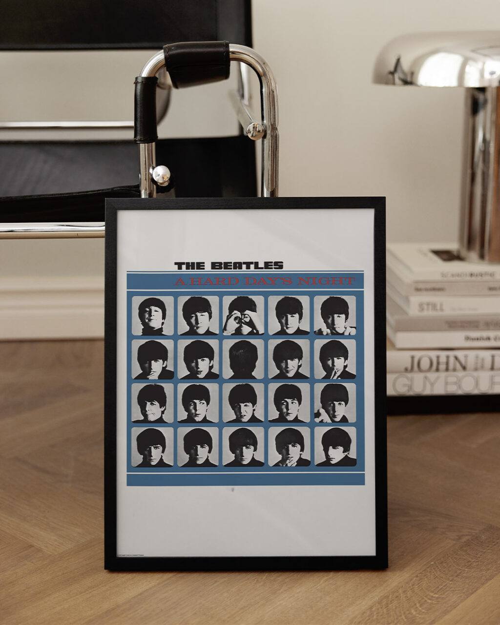 poster standing against chair