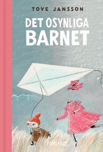 Cover of the seventh Moomin book Tales from Moominvalley with a light grey-green background and Little My and the Invisible Child running with a kite in the foreground.