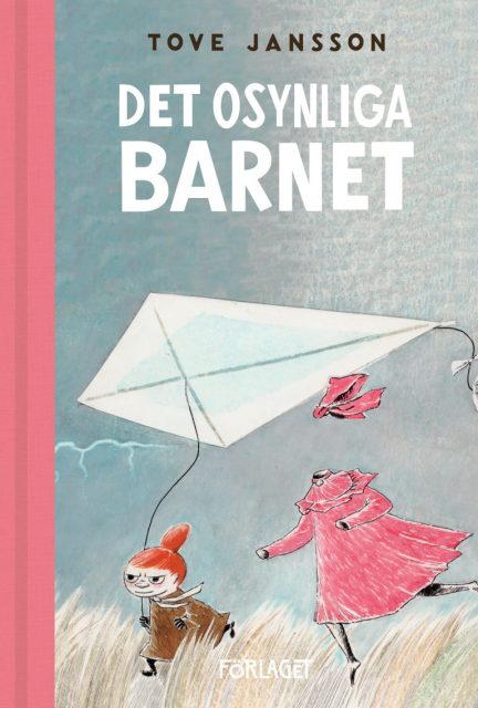 Cover of the seventh Moomin book Tales from Moominvalley with a light grey-green background and Little My and the Invisible Child running with a kite in the foreground.